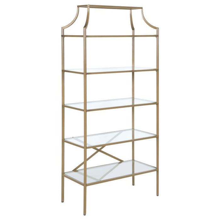 Serena - 5-Shelf Glass Bookshelf - Gold – Standard Bookcases by CoasterEssence at Furniture Wholesale Plus , Nashville furniture store