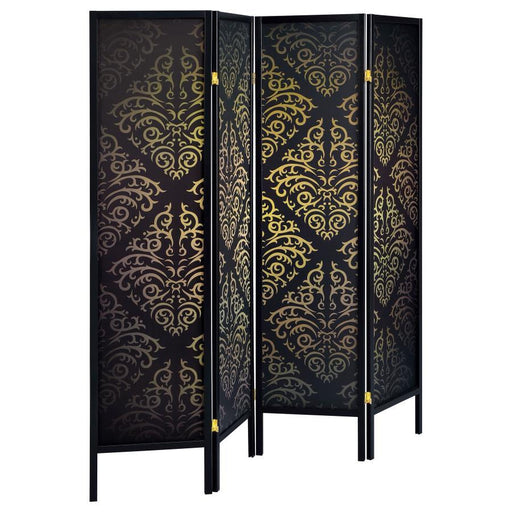 Haidera - 4-Panel Room Divider Folding Screen - Black Damask - Premium Room Dividers from CoasterEveryday - Just $189! Shop now at Furniture Wholesale Plus  We are the best furniture store in Nashville, Hendersonville, Goodlettsville, Madison, Antioch, Mount Juliet, Lebanon, Gallatin, Springfield, Murfreesboro, Franklin, Brentwood