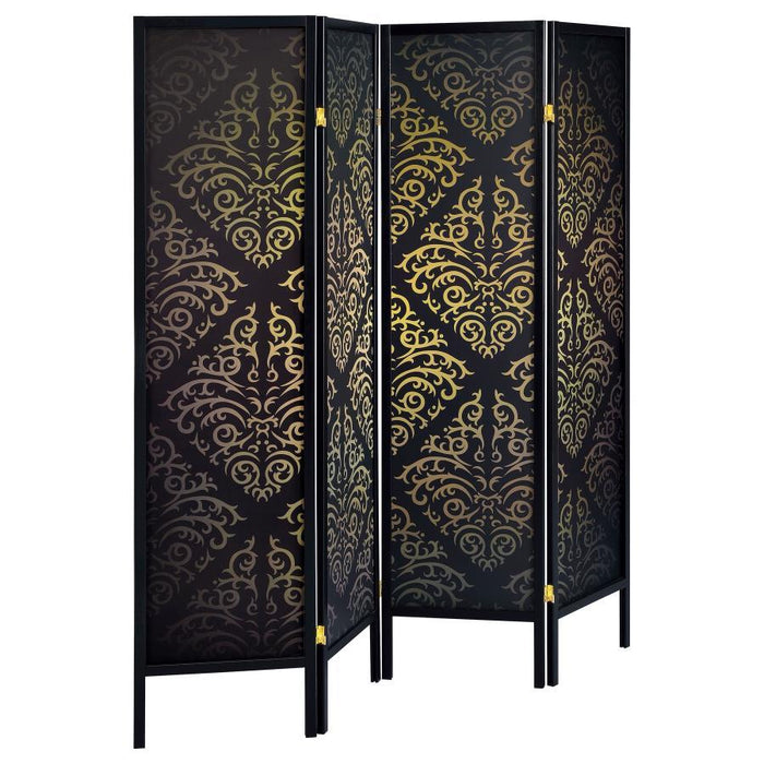 Haidera - 4-Panel Room Divider Folding Screen - Black Damask - Premium Room Dividers from CoasterEveryday - Just $189! Shop now at Furniture Wholesale Plus  We are the best furniture store in Nashville, Hendersonville, Goodlettsville, Madison, Antioch, Mount Juliet, Lebanon, Gallatin, Springfield, Murfreesboro, Franklin, Brentwood