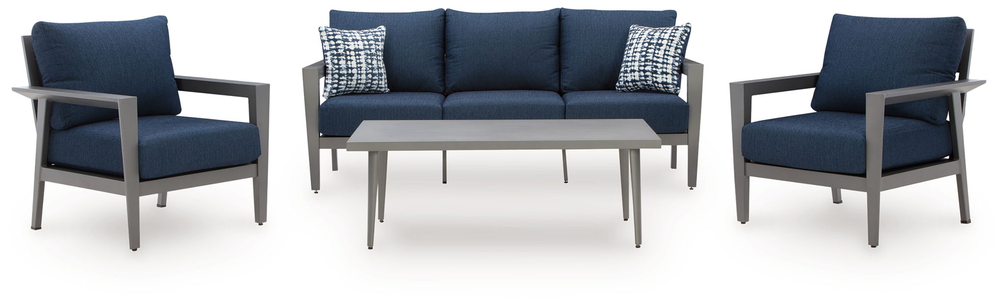 Gali - Gray / Blue - Sofa / Chairs / Table Set (Set of 4) - Premium 4 Piece Outdoor Sets from Signature Design by Ashley® - Just $1918! Shop now at Furniture Wholesale Plus  We are the best furniture store in Nashville, Hendersonville, Goodlettsville, Madison, Antioch, Mount Juliet, Lebanon, Gallatin, Springfield, Murfreesboro, Franklin, Brentwood