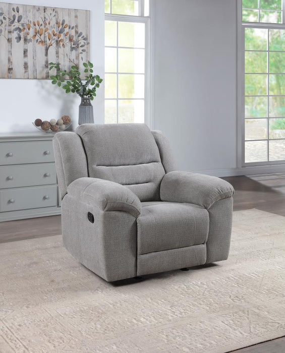 Gilson - Chenille Upholstered Reclining Glider Recliner - Gray – Glider Chairs by Coaster Fine Furniture at Furniture Wholesale Plus , Nashville furniture store
