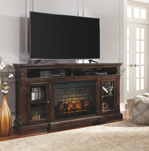 Roddinton - Dark Brown - 2 Pc. - 74" TV Stand with Electric Infrared Fireplace Insert - Premium Fireplace TV Stands from Signature Design by Ashley® - Just $1408! Shop now at Furniture Wholesale Plus  We are the best furniture store in Nashville, Hendersonville, Goodlettsville, Madison, Antioch, Mount Juliet, Lebanon, Gallatin, Springfield, Murfreesboro, Franklin, Brentwood