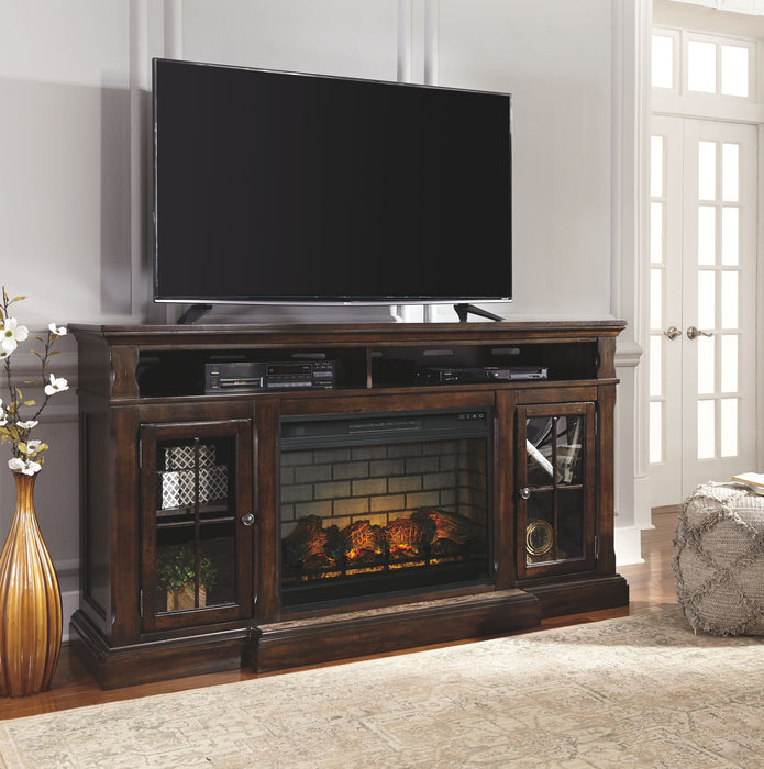 Roddinton - 2 Pc. - 74" TV Stand with Electric Infrared Fireplace Insert - Dark Brown – Fireplace TV Stands by Signature Design by Ashley® at Furniture Wholesale Plus , Nashville furniture store