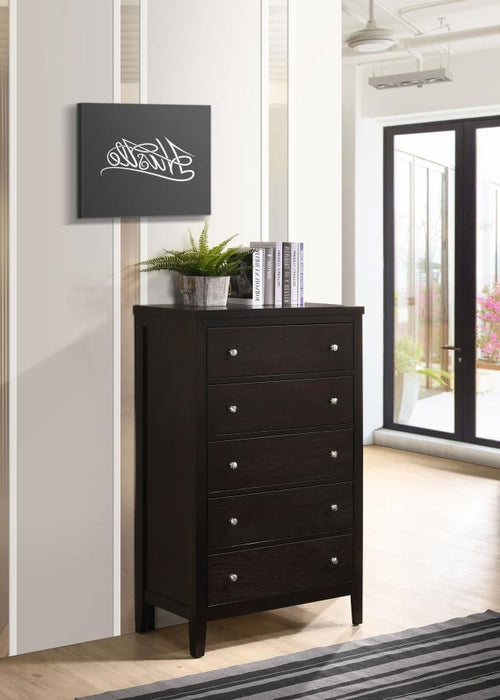 Carlton - 5-Drawer Bedroom Chest - Cappuccino – Accent Chests by CoasterEveryday at Furniture Wholesale Plus , Nashville furniture store