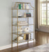 Serena - 5-Shelf Glass Bookshelf - Gold – Standard Bookcases by CoasterEssence at Furniture Wholesale Plus , Nashville furniture store
