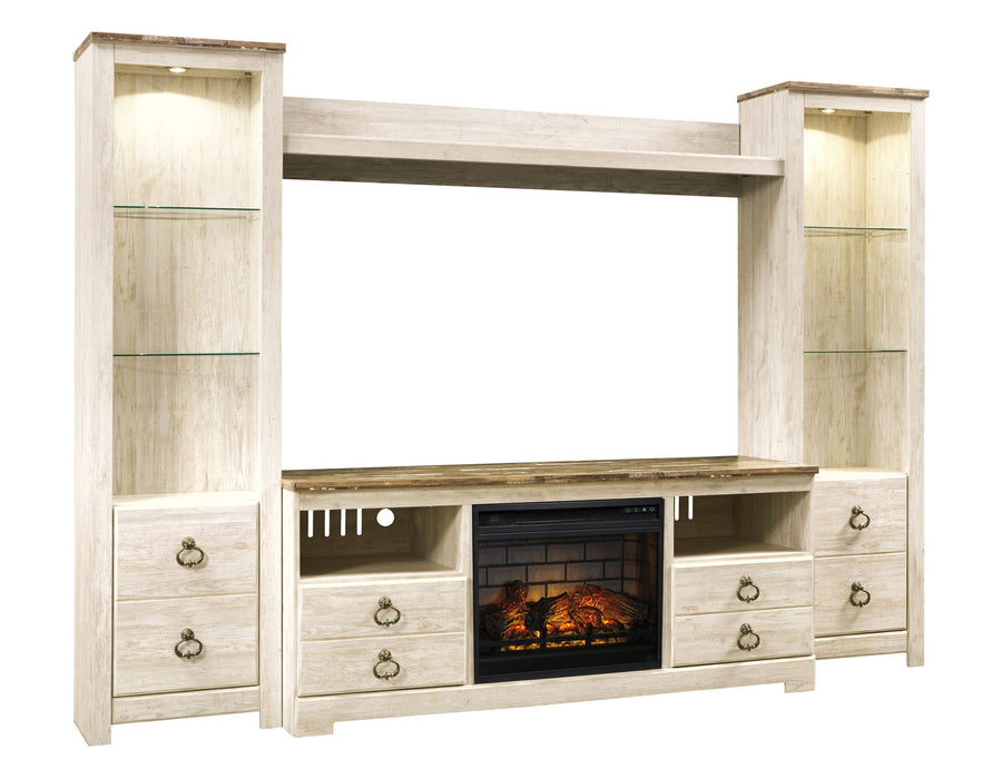 Willowton - Entertainment Center - TV Stand With Faux Firebrick Fireplace Insert - Whitewash – Entertainment Centers by Signature Design by Ashley® at Furniture Wholesale Plus , Nashville furniture store
