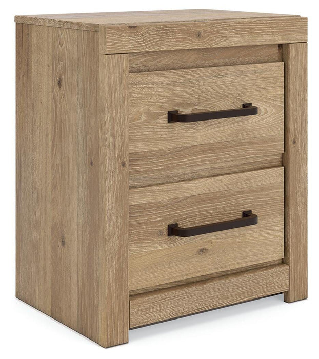 Brozmont - Two Drawer Night Stand - Tan – Nightstands w/ Charging Stations by Benchcraft® at Furniture Wholesale Plus , Nashville furniture store