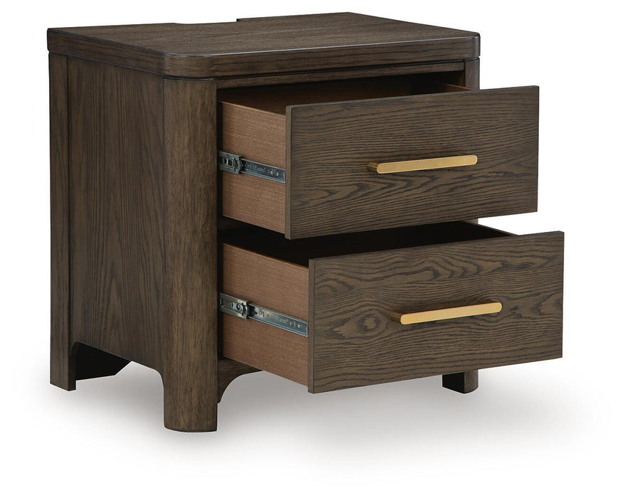 Radkin - Two Drawer Night Stand - Burnished Brown – Nightstands w/ Charging Stations by Signature Design by Ashley® at Furniture Wholesale Plus , Nashville furniture store