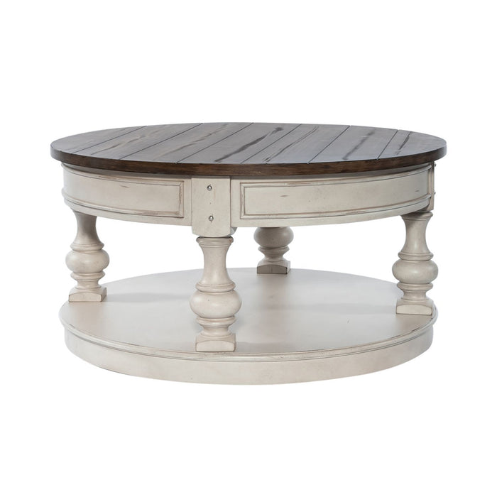 Morgan Creek - Round Cocktail Table - Antique White / Wirebrushed Tobacco Accents – Cocktail Tables by Liberty Furniture at Furniture Wholesale Plus , Nashville furniture store