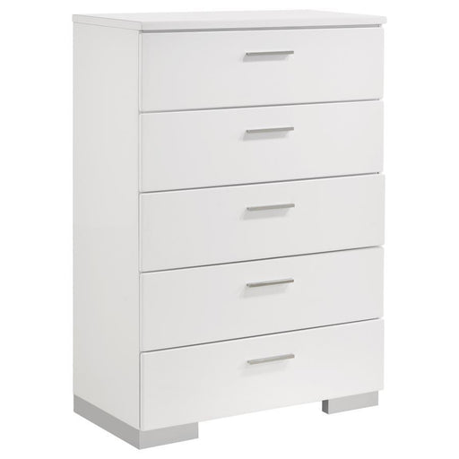 Felicity - 5-Drawer Bedroom Chest - White High Gloss - Premium Accent Chests from CoasterEssence - Just $649! Shop now at Furniture Wholesale Plus  We are the best furniture store in Nashville, Hendersonville, Goodlettsville, Madison, Antioch, Mount Juliet, Lebanon, Gallatin, Springfield, Murfreesboro, Franklin, Brentwood
