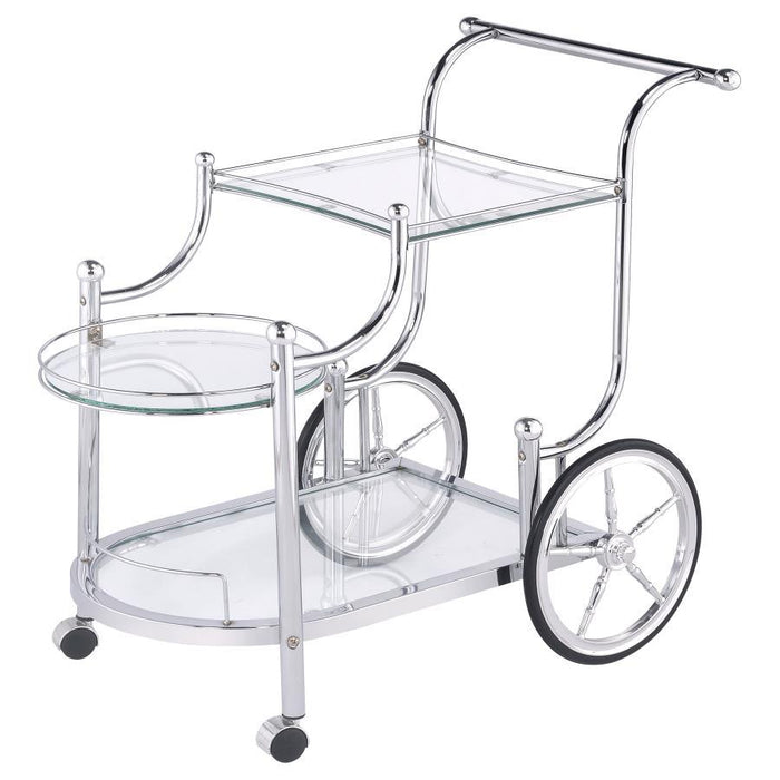 Sarandon - 3-Tier Glass Shelf Metal Bar Cart - Chrome - Premium Bar Carts from CoasterEveryday - Just $169! Shop now at Furniture Wholesale Plus  We are the best furniture store in Nashville, Hendersonville, Goodlettsville, Madison, Antioch, Mount Juliet, Lebanon, Gallatin, Springfield, Murfreesboro, Franklin, Brentwood