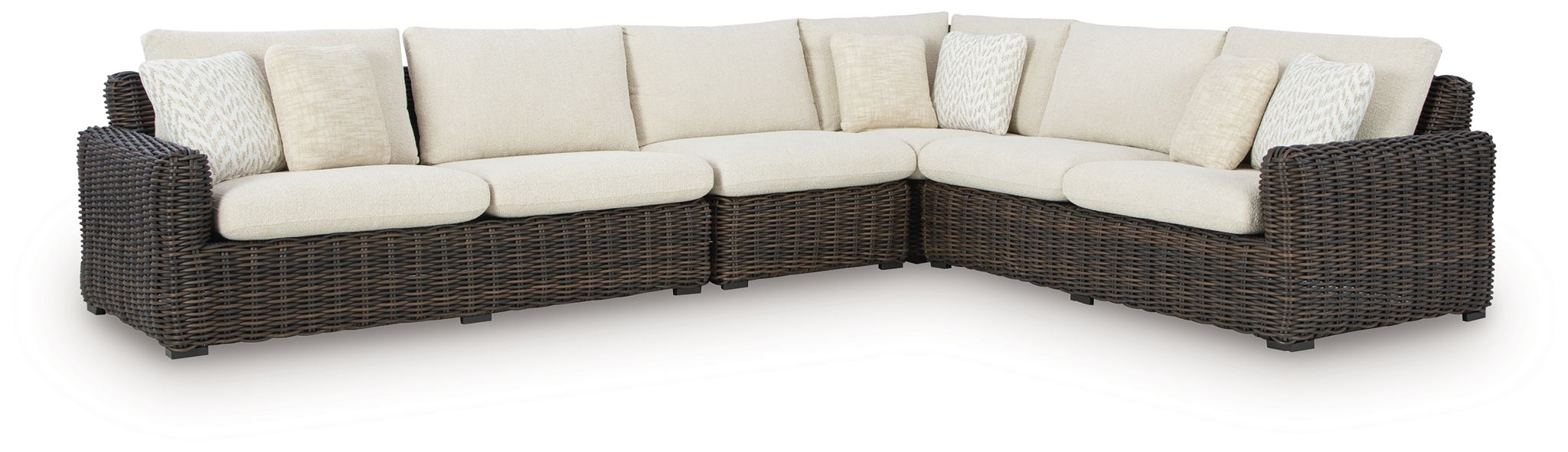 Kimora - 7 Pc. - 4-Piece Outdoor Sectional, Swivel Glider Lounge, Cocktail Table, End Table - Beige / Dark Brown – 7 Piece Outdoor Sets by Signature Design by Ashley® at Furniture Wholesale Plus , Nashville furniture store