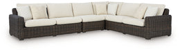 Kimora - 7 Pc. - 4-Piece Outdoor Sectional, Swivel Glider Lounge, Cocktail Table, End Table - Beige / Dark Brown – 7 Piece Outdoor Sets by Signature Design by Ashley® at Furniture Wholesale Plus , Nashville furniture store