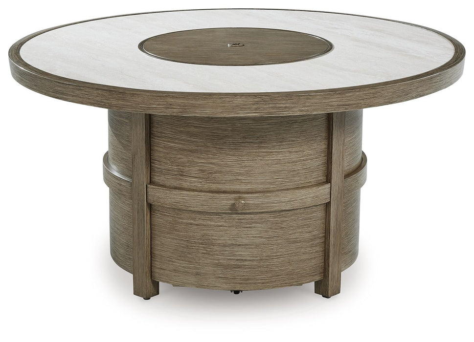 Rainier Ranch - Beige - Round Fire Pit Table - Premium Fire Pits from Signature Design by Ashley® - Just $1038! Shop now at Furniture Wholesale Plus  We are the best furniture store in Nashville, Hendersonville, Goodlettsville, Madison, Antioch, Mount Juliet, Lebanon, Gallatin, Springfield, Murfreesboro, Franklin, Brentwood