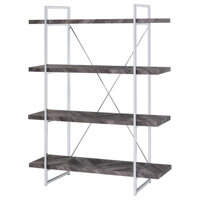 Grimma - 4-Shelf Bookshelf - Rustic Gray And Chrome - Premium Standard Bookcases from CoasterEssence - Just $319! Shop now at Furniture Wholesale Plus  We are the best furniture store in Nashville, Hendersonville, Goodlettsville, Madison, Antioch, Mount Juliet, Lebanon, Gallatin, Springfield, Murfreesboro, Franklin, Brentwood