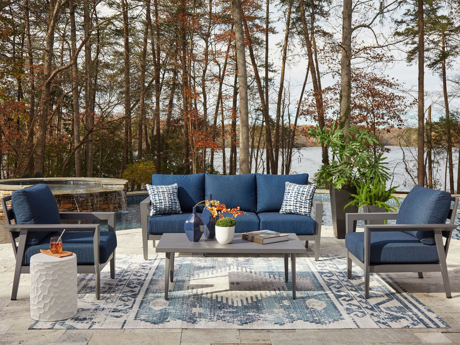 Gali - Gray / Blue - Sofa / Chairs / Table Set (Set of 4) - Premium 4 Piece Outdoor Sets from Signature Design by Ashley® - Just $1918! Shop now at Furniture Wholesale Plus  We are the best furniture store in Nashville, Hendersonville, Goodlettsville, Madison, Antioch, Mount Juliet, Lebanon, Gallatin, Springfield, Murfreesboro, Franklin, Brentwood