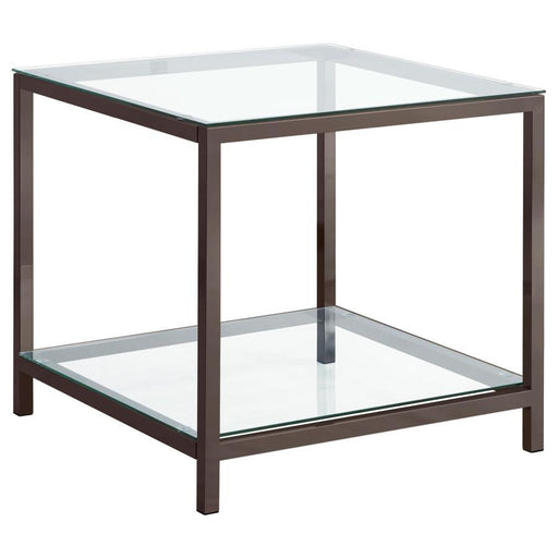 Trini - 1-Shelf Glass Top Side End Table - Black Nickel – End Tables by CoasterEssence at Furniture Wholesale Plus , Nashville furniture store