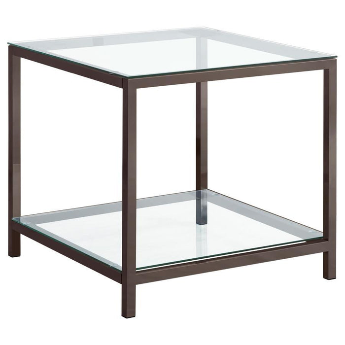 Trini - 1-Shelf Glass Top Side End Table - Black Nickel – End Tables by CoasterEssence at Furniture Wholesale Plus , Nashville furniture store