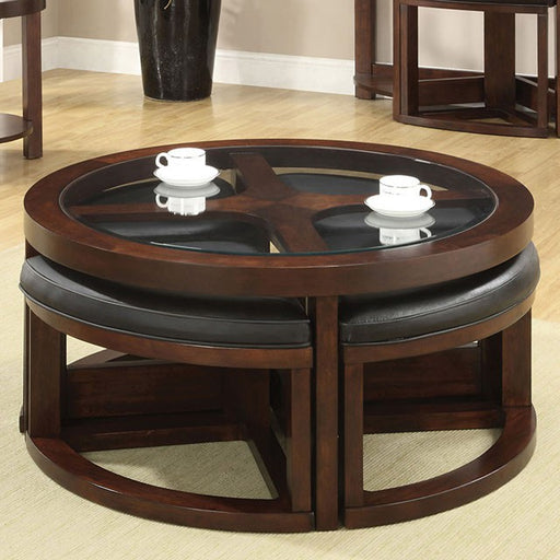 Crystal Cove II Dark Walnut Round Coffee Table w/ 4 Stools - Premium Cocktail Table from FOA East - Just $583.05! Shop now at Furniture Wholesale Plus  We are the best furniture store in Nashville, Hendersonville, Goodlettsville, Madison, Antioch, Mount Juliet, Lebanon, Gallatin, Springfield, Murfreesboro, Franklin, Brentwood