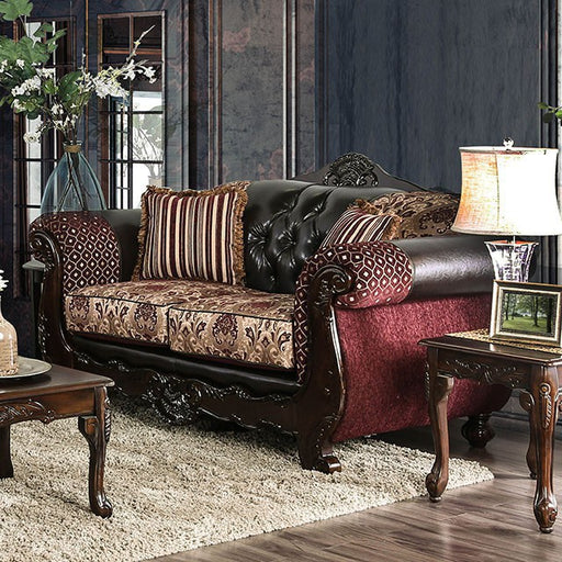 Quirino Burgundy/Dark Brown Love Seat - Premium Loveseat from FOA East - Just $1599! Shop now at Furniture Wholesale Plus  We are the best furniture store in Nashville, Hendersonville, Goodlettsville, Madison, Antioch, Mount Juliet, Lebanon, Gallatin, Springfield, Murfreesboro, Franklin, Brentwood