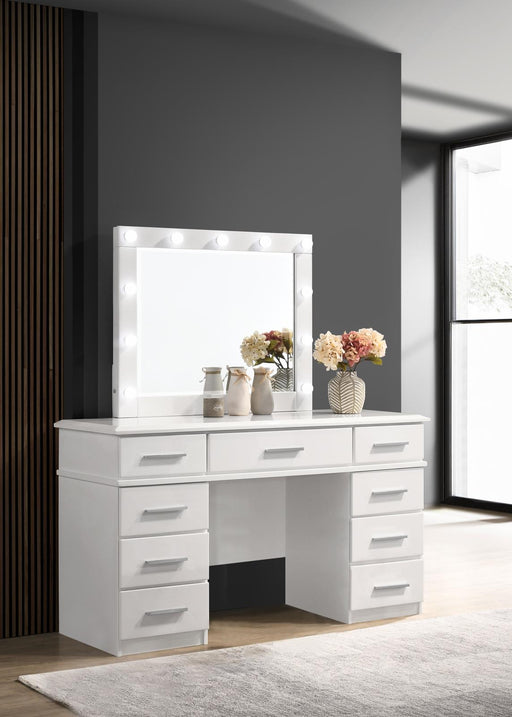 Felicity 9 drawer Vanity Desk with Lighted Mirror Glossy White - Premium Vanity from Coaster Z2 Standard - Just $958! Shop now at Furniture Wholesale Plus  We are the best furniture store in Nashville, Hendersonville, Goodlettsville, Madison, Antioch, Mount Juliet, Lebanon, Gallatin, Springfield, Murfreesboro, Franklin, Brentwood