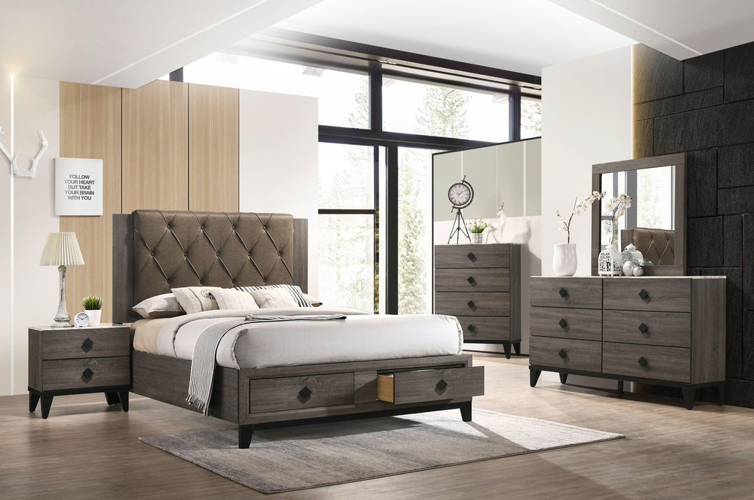 Avantika Fabric & Rustic Gray Oak Eastern King Bed (Storage) - Premium Bed from ACME East - Just $1064.70! Shop now at Furniture Wholesale Plus  We are the best furniture store in Nashville, Hendersonville, Goodlettsville, Madison, Antioch, Mount Juliet, Lebanon, Gallatin, Springfield, Murfreesboro, Franklin, Brentwood