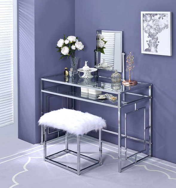Carenze II White Faux Fur & Chrome Vanity Set - Premium Vanity from ACME East - Just $413.40! Shop now at Furniture Wholesale Plus  We are the best furniture store in Nashville, Hendersonville, Goodlettsville, Madison, Antioch, Mount Juliet, Lebanon, Gallatin, Springfield, Murfreesboro, Franklin, Brentwood