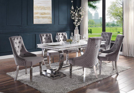 Zander White Printed Faux Marble & Mirrored Silver Finish Dining Room Set - Premium Dining Room Set from ACME East - Just $2726.10! Shop now at Furniture Wholesale Plus  We are the best furniture store in Nashville, Hendersonville, Goodlettsville, Madison, Antioch, Mount Juliet, Lebanon, Gallatin, Springfield, Murfreesboro, Franklin, Brentwood