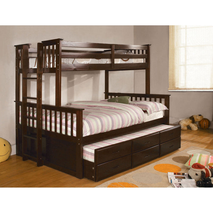 University I Dark Walnut Twin/Full Bunk Bed + Trundle - Premium Bunk Bed w/ Trundle from FOA East - Just $1195.35! Shop now at Furniture Wholesale Plus (Nashville,TN)  We are the best furniture store in Nashville, Hendersonville, Goodlettsville, Madison, Antioch, Mount Juliet, Lebanon, Gallatin, Springfield, Murfreesboro, Franklin, Brentwood
