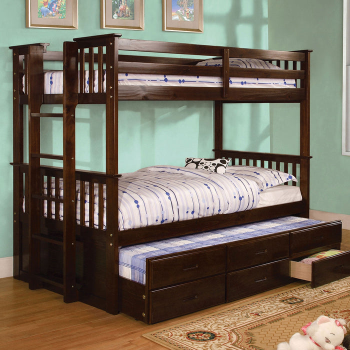 University II Dark Walnut Twin/Twin Bunk Bed + Trundle - Premium Bunk Bed w/ Trundle from FOA East - Just $1027.65! Shop now at Furniture Wholesale Plus (Nashville,TN)  We are the best furniture store in Nashville, Hendersonville, Goodlettsville, Madison, Antioch, Mount Juliet, Lebanon, Gallatin, Springfield, Murfreesboro, Franklin, Brentwood
