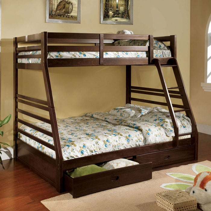 California III Dark Walnut Twin/Full Bunk Bed w/ 2 Drawers - Premium Bunk Bed from FOA East - Just $678.60! Shop now at Furniture Wholesale Plus  We are the best furniture store in Nashville, Hendersonville, Goodlettsville, Madison, Antioch, Mount Juliet, Lebanon, Gallatin, Springfield, Murfreesboro, Franklin, Brentwood