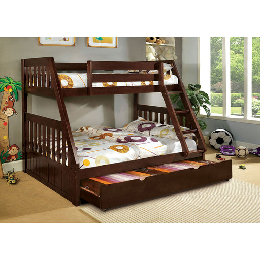 Canberra Dark Walnut Twin/Full Bunk Bed - Premium Bunk Bed from FOA East - Just $631.80! Shop now at Furniture Wholesale Plus  We are the best furniture store in Nashville, Hendersonville, Goodlettsville, Madison, Antioch, Mount Juliet, Lebanon, Gallatin, Springfield, Murfreesboro, Franklin, Brentwood