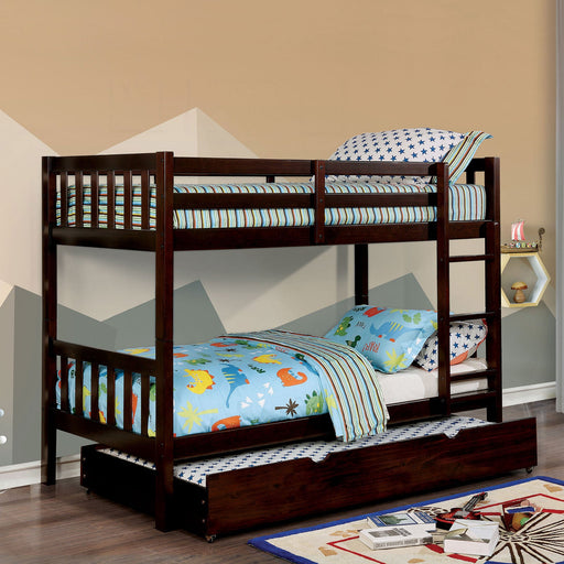 Emilie Dark Walnut Twin/Twin Bunk Bed - Premium Bunk Bed from FOA East - Just $559.65! Shop now at Furniture Wholesale Plus  We are the best furniture store in Nashville, Hendersonville, Goodlettsville, Madison, Antioch, Mount Juliet, Lebanon, Gallatin, Springfield, Murfreesboro, Franklin, Brentwood