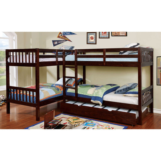 MARQUETTE Dark Walnut Quadruple Twin Bunk Bed - Premium Bunk Bed from FOA East - Just $1101.75! Shop now at Furniture Wholesale Plus  We are the best furniture store in Nashville, Hendersonville, Goodlettsville, Madison, Antioch, Mount Juliet, Lebanon, Gallatin, Springfield, Murfreesboro, Franklin, Brentwood
