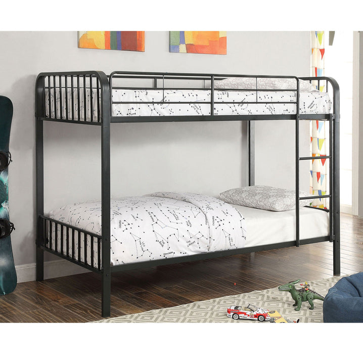 CLEMENT Black Metal Twin/Twin Bunk Bed - Premium Bunk Bed from FOA East - Just $491.40! Shop now at Furniture Wholesale Plus  We are the best furniture store in Nashville, Hendersonville, Goodlettsville, Madison, Antioch, Mount Juliet, Lebanon, Gallatin, Springfield, Murfreesboro, Franklin, Brentwood