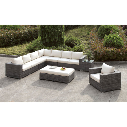 Somani Light Gray Wicker/Ivory Cushion L-Sectional + Chair + Ottoman - Premium Outdoor Seating from FOA East - Just $4654.65! Shop now at Furniture Wholesale Plus  We are the best furniture store in Nashville, Hendersonville, Goodlettsville, Madison, Antioch, Mount Juliet, Lebanon, Gallatin, Springfield, Murfreesboro, Franklin, Brentwood