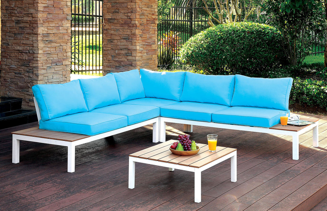 WINONA White/Oak/Blue Patio Sectional w/ Table - Premium Outdoor Seating from FOA East - Just $1760.85! Shop now at Furniture Wholesale Plus  We are the best furniture store in Nashville, Hendersonville, Goodlettsville, Madison, Antioch, Mount Juliet, Lebanon, Gallatin, Springfield, Murfreesboro, Franklin, Brentwood