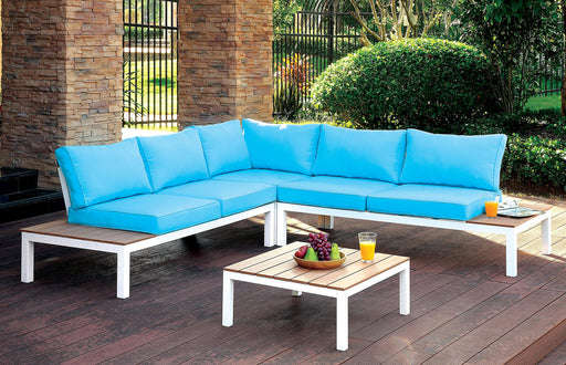 WINONA White/Oak/Blue Patio Sectional w/ Table - Premium Outdoor Seating from FOA East - Just $1760.85! Shop now at Furniture Wholesale Plus  We are the best furniture store in Nashville, Hendersonville, Goodlettsville, Madison, Antioch, Mount Juliet, Lebanon, Gallatin, Springfield, Murfreesboro, Franklin, Brentwood