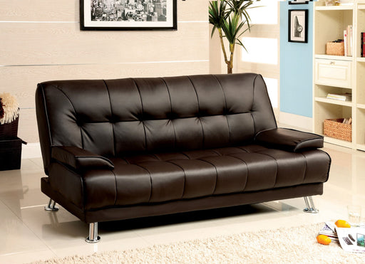 Beaumont Dark Brown/Chrome Leatherette Futon Sofa - Premium Sofa from FOA East - Just $540.15! Shop now at Furniture Wholesale Plus  We are the best furniture store in Nashville, Hendersonville, Goodlettsville, Madison, Antioch, Mount Juliet, Lebanon, Gallatin, Springfield, Murfreesboro, Franklin, Brentwood