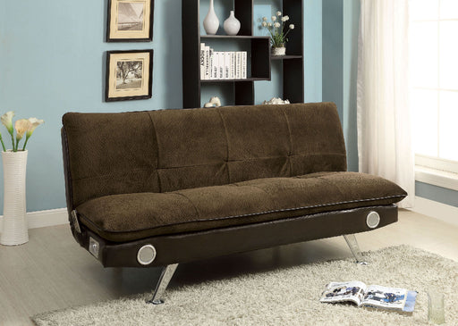 GALLAGHER Dark Brown/Chrome Futon Sofa w/ Bluetooth Speaker, Brown - Premium Sofa from FOA East - Just $559.65! Shop now at Furniture Wholesale Plus  We are the best furniture store in Nashville, Hendersonville, Goodlettsville, Madison, Antioch, Mount Juliet, Lebanon, Gallatin, Springfield, Murfreesboro, Franklin, Brentwood