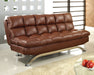 Aristo Saddle Brown/Chrome Leatherette Futon Sofa, Saddle Brown - Premium Sofa from FOA East - Just $514.80! Shop now at Furniture Wholesale Plus  We are the best furniture store in Nashville, Hendersonville, Goodlettsville, Madison, Antioch, Mount Juliet, Lebanon, Gallatin, Springfield, Murfreesboro, Franklin, Brentwood