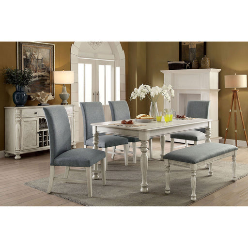 Kathryn Antique White 6 Pc. Dining Table Set w/ Bench - Premium Dining Room Set from FOA East - Just $1686.75! Shop now at Furniture Wholesale Plus  We are the best furniture store in Nashville, Hendersonville, Goodlettsville, Madison, Antioch, Mount Juliet, Lebanon, Gallatin, Springfield, Murfreesboro, Franklin, Brentwood