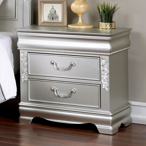 ALECIA Night Stand w/ USB, Silver - Premium Nightstand from FOA East - Just $304.20! Shop now at Furniture Wholesale Plus  We are the best furniture store in Nashville, Hendersonville, Goodlettsville, Madison, Antioch, Mount Juliet, Lebanon, Gallatin, Springfield, Murfreesboro, Franklin, Brentwood