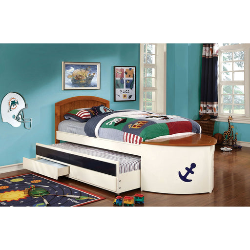 Voyager White/Oak/Navy Blue Twin Bed w/ Trundle + Drawers - Premium Bed w/ Trundle from FOA East - Just $984.75! Shop now at Furniture Wholesale Plus  We are the best furniture store in Nashville, Hendersonville, Goodlettsville, Madison, Antioch, Mount Juliet, Lebanon, Gallatin, Springfield, Murfreesboro, Franklin, Brentwood