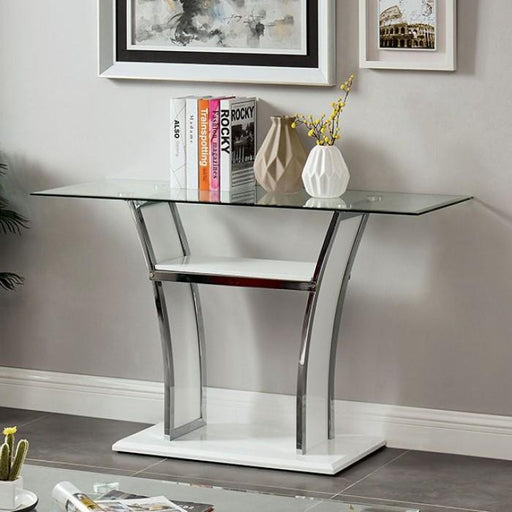 Staten Glossy White/Chrome Sofa Table - Premium Sofa Table from FOA East - Just $374.40! Shop now at Furniture Wholesale Plus  We are the best furniture store in Nashville, Hendersonville, Goodlettsville, Madison, Antioch, Mount Juliet, Lebanon, Gallatin, Springfield, Murfreesboro, Franklin, Brentwood