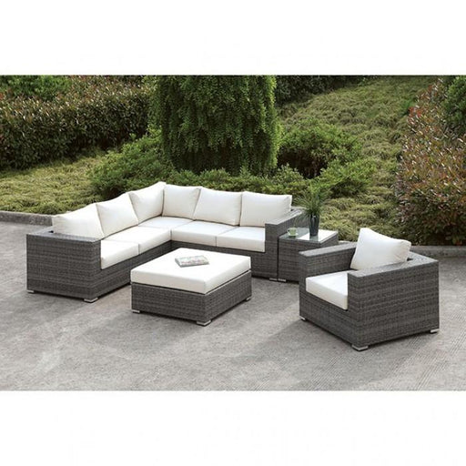 Somani Light Gray Wicker/Ivory Cushion L-Sectional + Chair + Coffee Table + End Table - Premium Outdoor Seating from FOA East - Just $3695.25! Shop now at Furniture Wholesale Plus  We are the best furniture store in Nashville, Hendersonville, Goodlettsville, Madison, Antioch, Mount Juliet, Lebanon, Gallatin, Springfield, Murfreesboro, Franklin, Brentwood