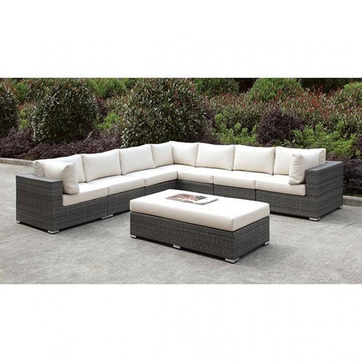 Somani Light Gray Wicker/Ivory Cushion Large L-Sectional + Bench - Premium Outdoor Seating from FOA East - Just $3931.20! Shop now at Furniture Wholesale Plus  We are the best furniture store in Nashville, Hendersonville, Goodlettsville, Madison, Antioch, Mount Juliet, Lebanon, Gallatin, Springfield, Murfreesboro, Franklin, Brentwood