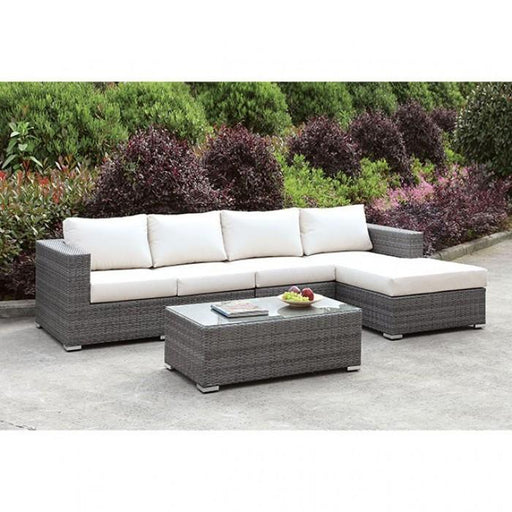 Somani Light Gray Wicker/Ivory Cushion L-Sectional w/ Right Chaise + Coffee Table - Premium Outdoor Seating from FOA East - Just $2714.40! Shop now at Furniture Wholesale Plus  We are the best furniture store in Nashville, Hendersonville, Goodlettsville, Madison, Antioch, Mount Juliet, Lebanon, Gallatin, Springfield, Murfreesboro, Franklin, Brentwood