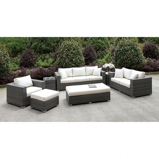 Somani Light Gray Wicker/Ivory Cushion 3 Pc Set + 2 End Tables + Ottoman + Bench - Premium Outdoor Seating from FOA East - Just $3627! Shop now at Furniture Wholesale Plus  We are the best furniture store in Nashville, Hendersonville, Goodlettsville, Madison, Antioch, Mount Juliet, Lebanon, Gallatin, Springfield, Murfreesboro, Franklin, Brentwood