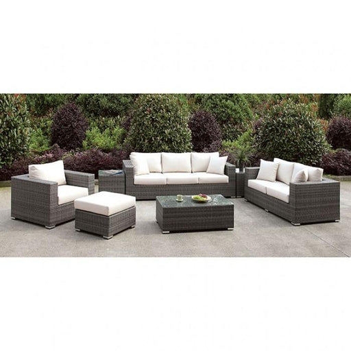 Somani Light Gray Wicker/Ivory Cushion 3 Pc Set + Ottoman + Bench + 2 End Tables - Premium Outdoor Seating from FOA East - Just $3465.15! Shop now at Furniture Wholesale Plus  We are the best furniture store in Nashville, Hendersonville, Goodlettsville, Madison, Antioch, Mount Juliet, Lebanon, Gallatin, Springfield, Murfreesboro, Franklin, Brentwood
